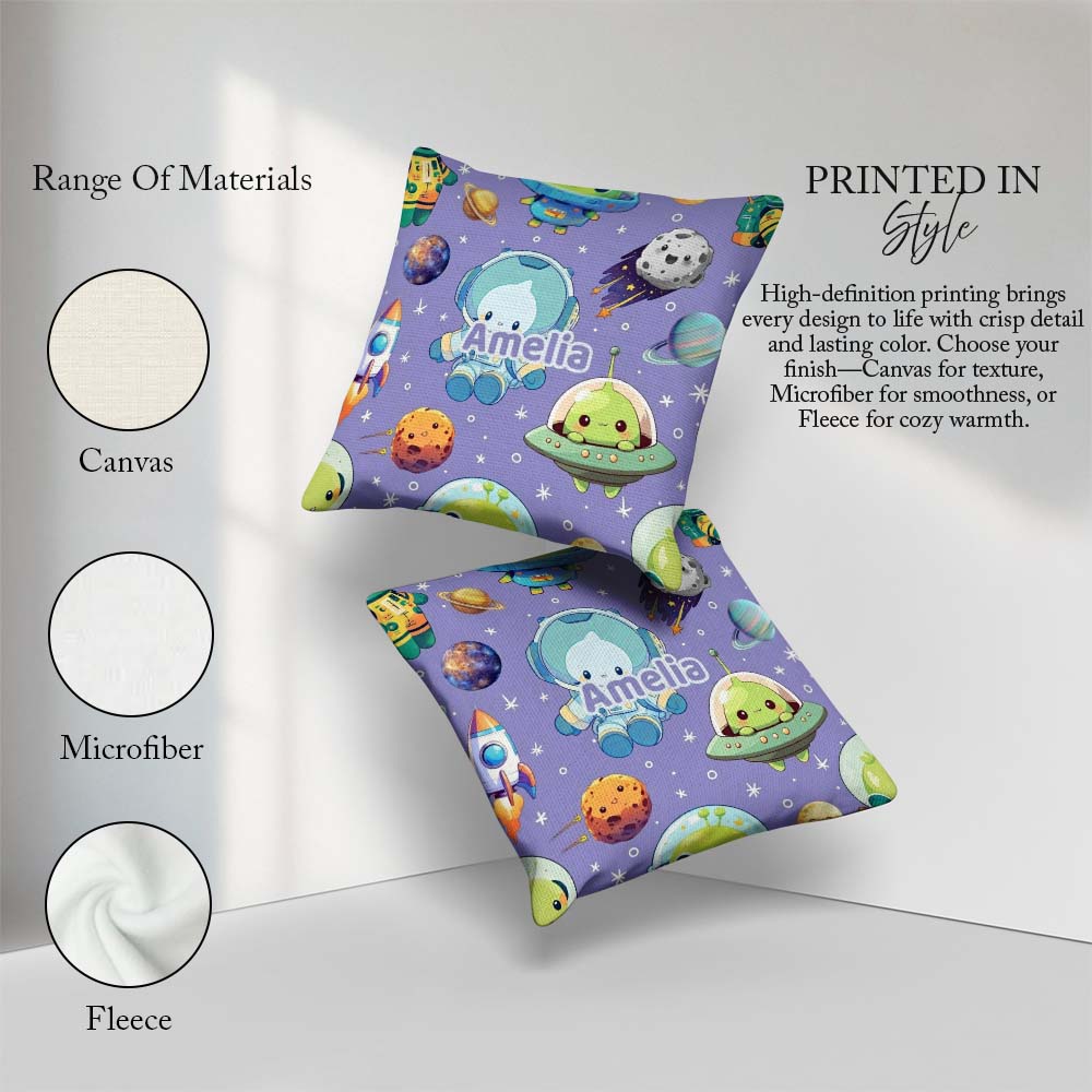Custom Name Space Astronaut Alien Planets Meteors Stars Seamless Square Filled Cushion Throw Pillow Sofa Bed Home Decor Zip Washable UK Made