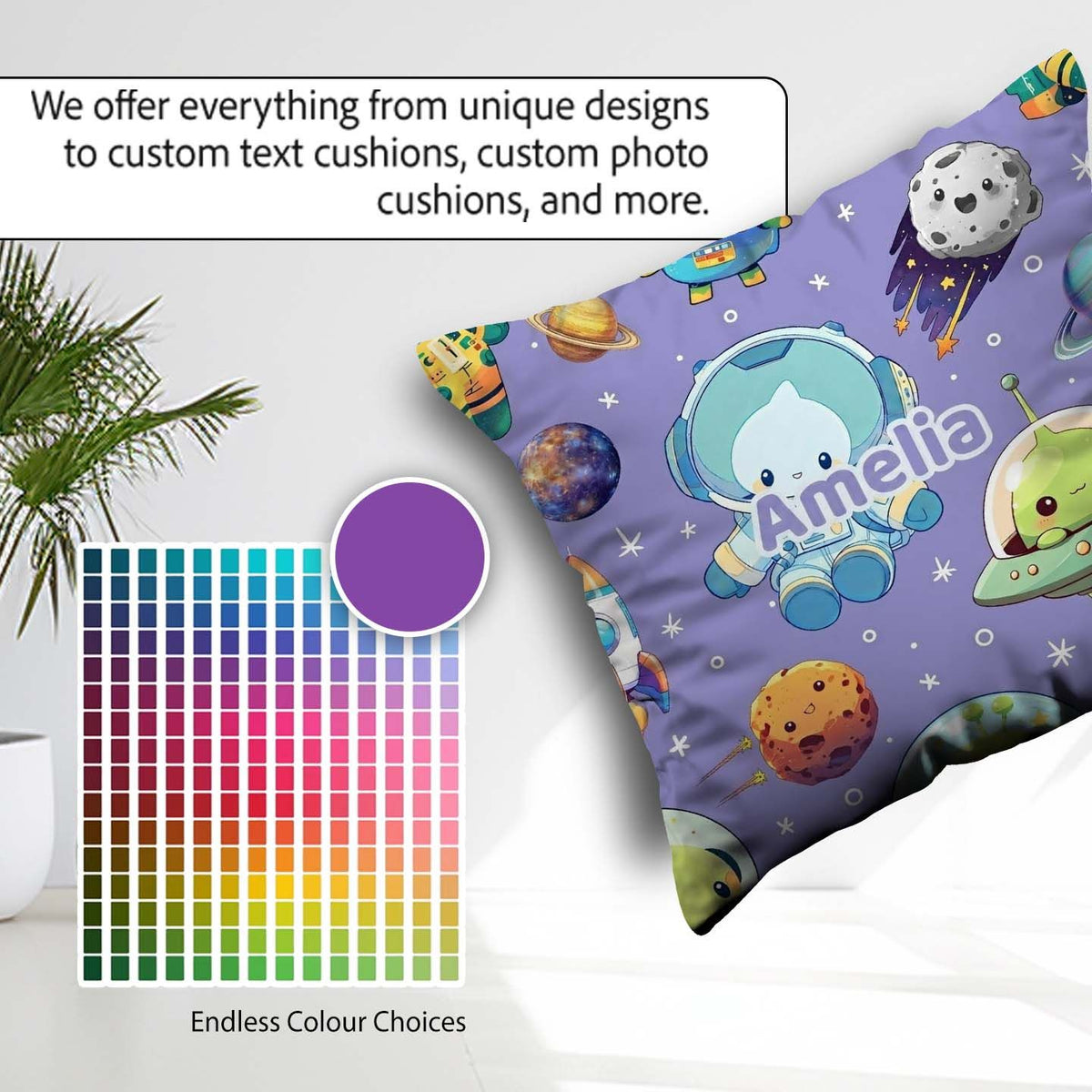 Custom Name Space Astronaut Alien Planets Meteors Stars Seamless Square Filled Cushion Throw Pillow Sofa Bed Home Decor Zip Washable UK Made
