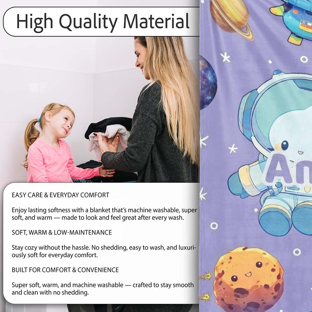 Space Astronaut Alien UFO Planets Meteors Stars Seamless Purple Personalised Custom Name Super Soft Fleece Blanket Bed Sofa Throw