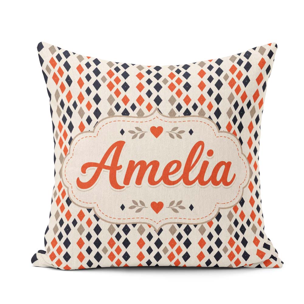 Custom Name Diamond Seamless Pattern in Navy Orange Beige Lovely Square Filled Cushion Throw Pillow Sofa Bed Home Decor Zip Washable UK Made