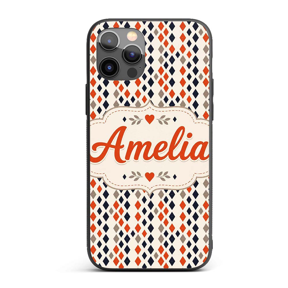 Diamond Geometric Seamless Pattern in Navy Orange Custom Name Protective Phone Case Mobile Cover Durable Everyday Smartphone Shock Resistant
