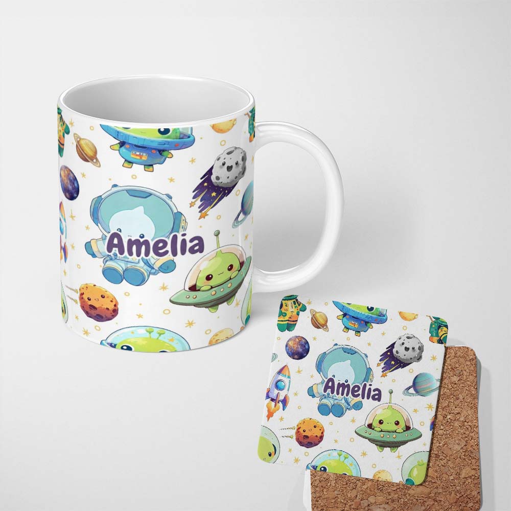 Personalized Custom Name Space Astronaut Alien UFO Planets Meteors Stars Seamless White 11oz Ceramic Coffee Tea Mug White Large Handle