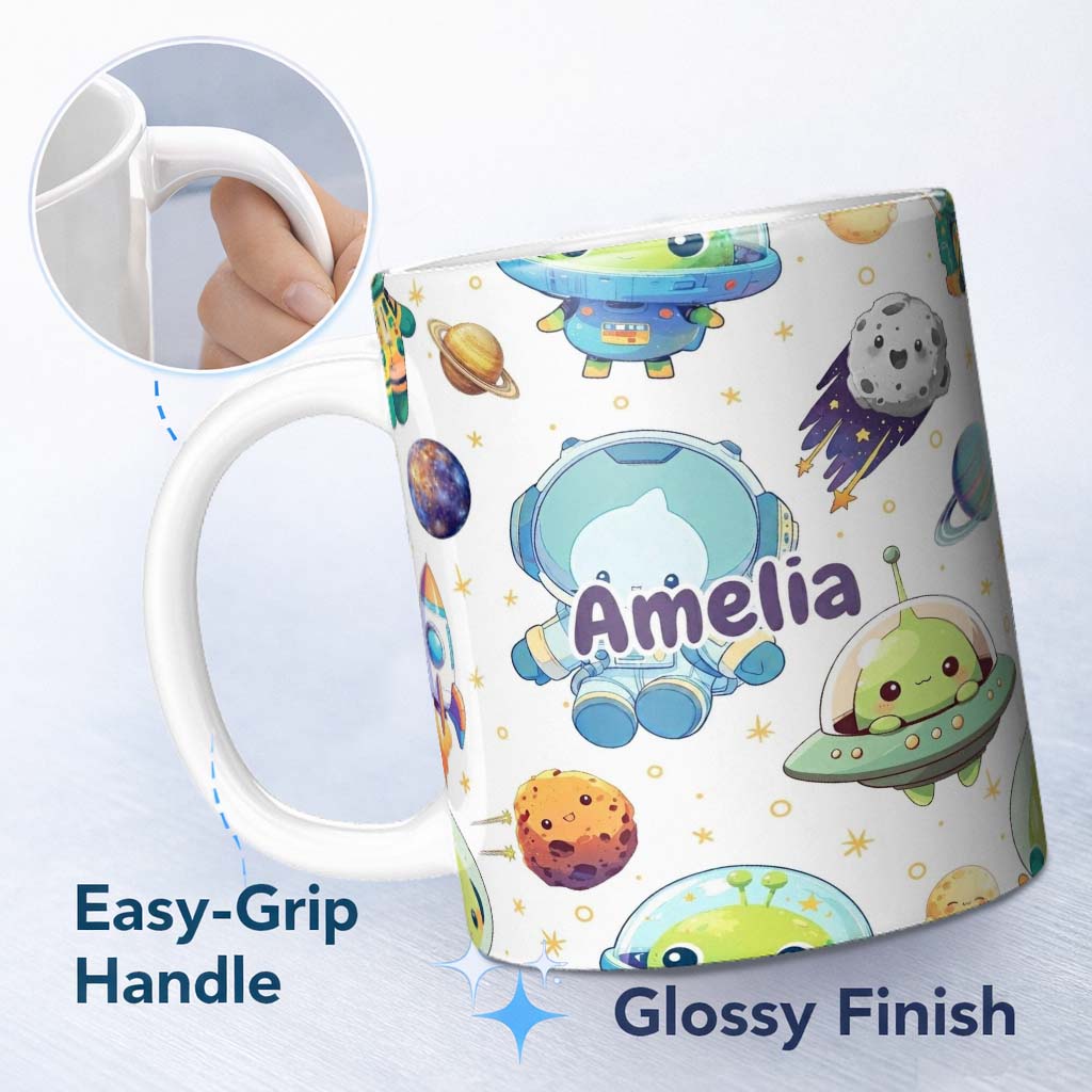 Personalized Custom Name Space Astronaut Alien UFO Planets Meteors Stars Seamless White 11oz Ceramic Coffee Tea Mug White Large Handle