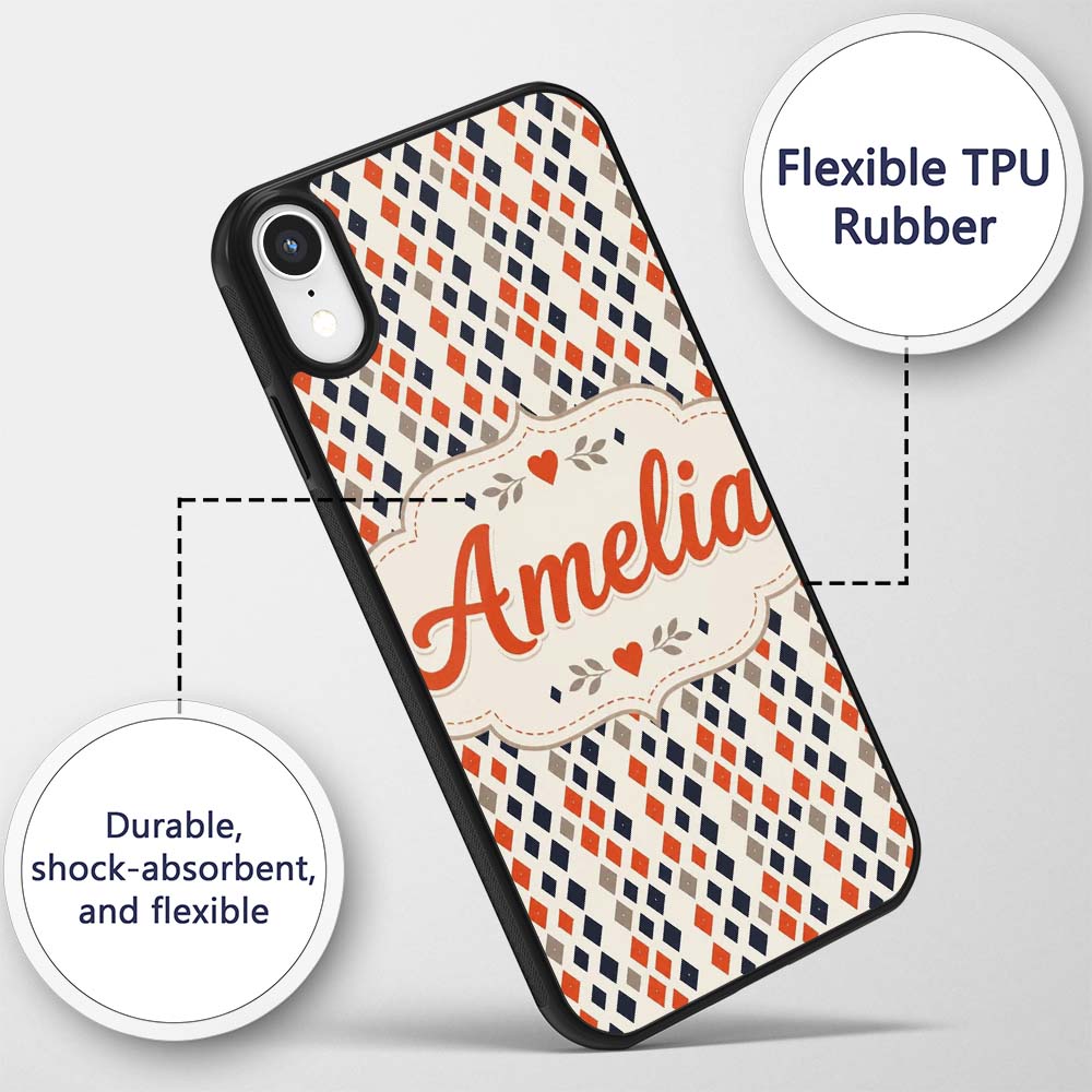 Diamond Geometric Seamless Pattern in Navy Orange Custom Name Protective Phone Case Mobile Cover Durable Everyday Smartphone Shock Resistant