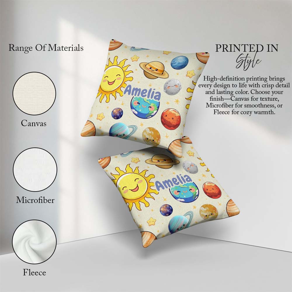 Custom Name Solar System Sun Earth Saturn Planets Stars Seamless Square Filled Cushion Throw Pillow Sofa Bed Home Decor Zip Washable UK Made