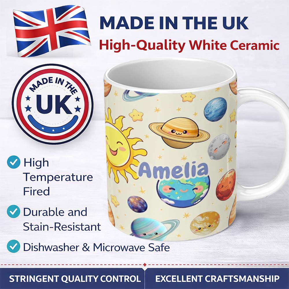 Personalized Custom Name Solar System Sun Earth Saturn Planets Stars Seamless Beige 11oz Ceramic Coffee Tea Mug White Large Handle