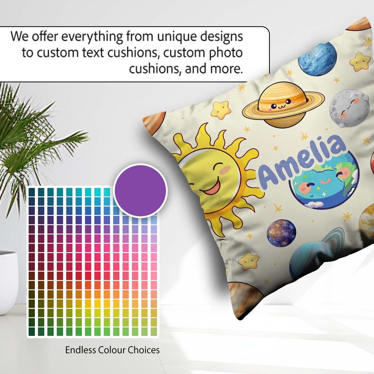 Custom Name Solar System Sun Earth Saturn Planets Stars Seamless Square Filled Cushion Throw Pillow Sofa Bed Home Decor Zip Washable UK Made