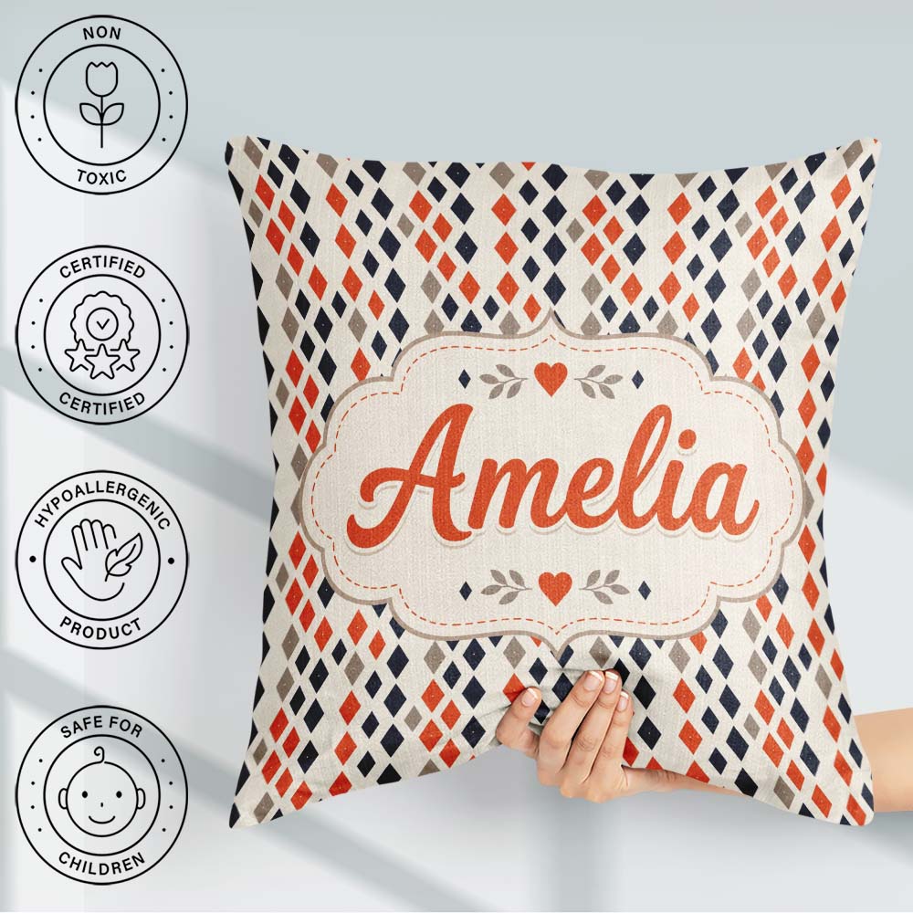 Custom Name Diamond Seamless Pattern in Navy Orange Beige Lovely Square Filled Cushion Throw Pillow Sofa Bed Home Decor Zip Washable UK Made