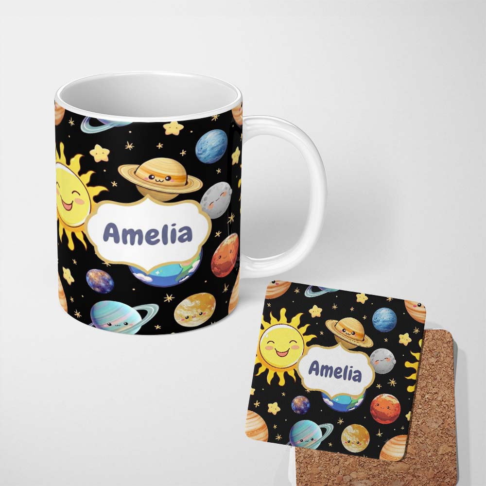 Personalized Custom Name Solar System Sun Earth Saturn Planets Stars Seamless Black 11oz Ceramic Coffee Tea Mug White Large Handle