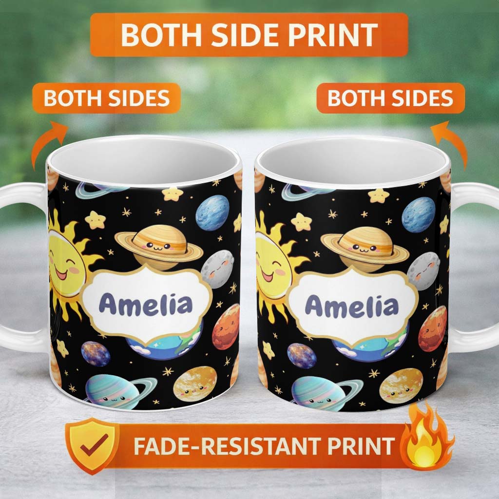 Personalized Custom Name Solar System Sun Earth Saturn Planets Stars Seamless Black 11oz Ceramic Coffee Tea Mug White Large Handle