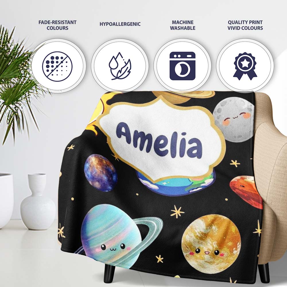 Solar System Sun Earth Saturn Planets Stars Seamless Black Personalised Custom Name Super Soft Fleece Blanket Bed Sofa Throw