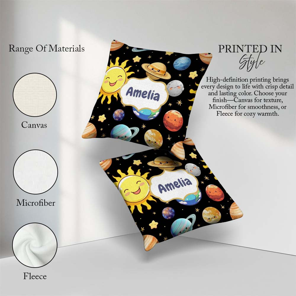Custom Name Solar System Sun Earth Saturn Planets Stars Seamless Square Filled Cushion Throw Pillow Sofa Bed Home Decor Zip Washable UK Made