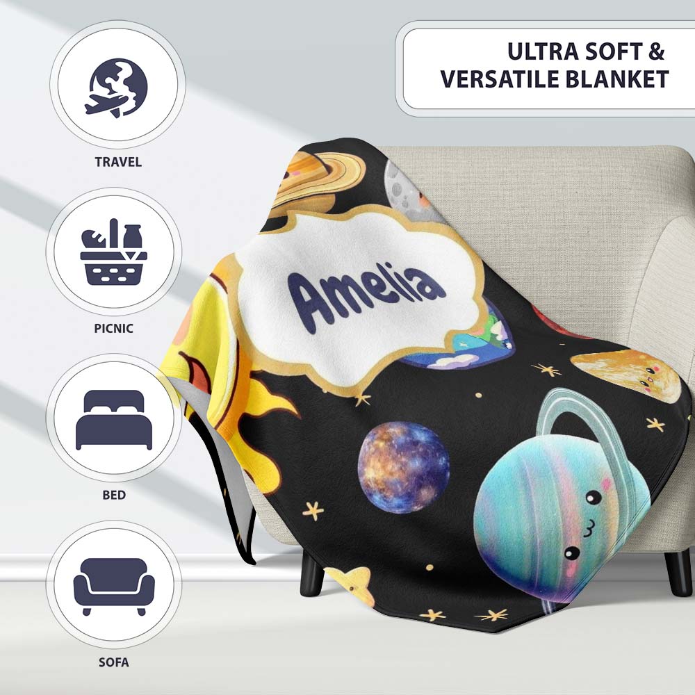 Solar System Sun Earth Saturn Planets Stars Seamless Black Personalised Custom Name Super Soft Fleece Blanket Bed Sofa Throw