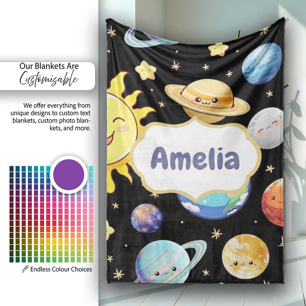 Solar System Sun Earth Saturn Planets Stars Seamless Black Personalised Custom Name Super Soft Fleece Blanket Bed Sofa Throw