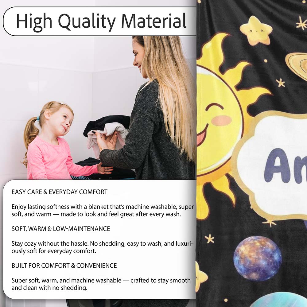 Solar System Sun Earth Saturn Planets Stars Seamless Black Personalised Custom Name Super Soft Fleece Blanket Bed Sofa Throw
