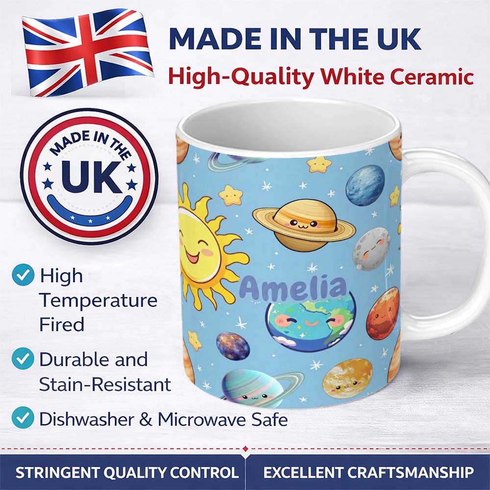 Personalized Custom Name Solar System Sun Earth Saturn Planets Stars Seamless Blue 11oz Ceramic Coffee Tea Mug White Large Handle