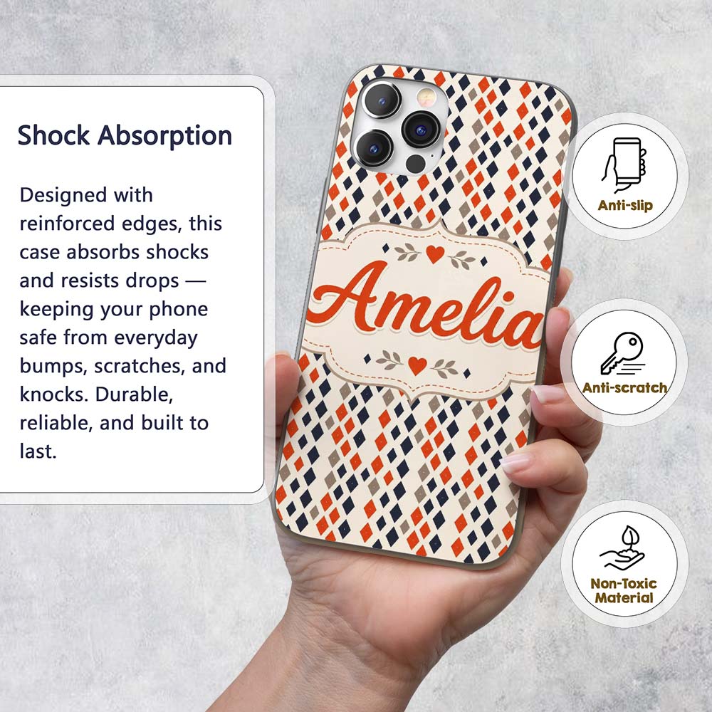 Diamond Geometric Seamless Pattern in Navy Orange Custom Name Protective Phone Case Mobile Cover Durable Everyday Smartphone Shock Resistant