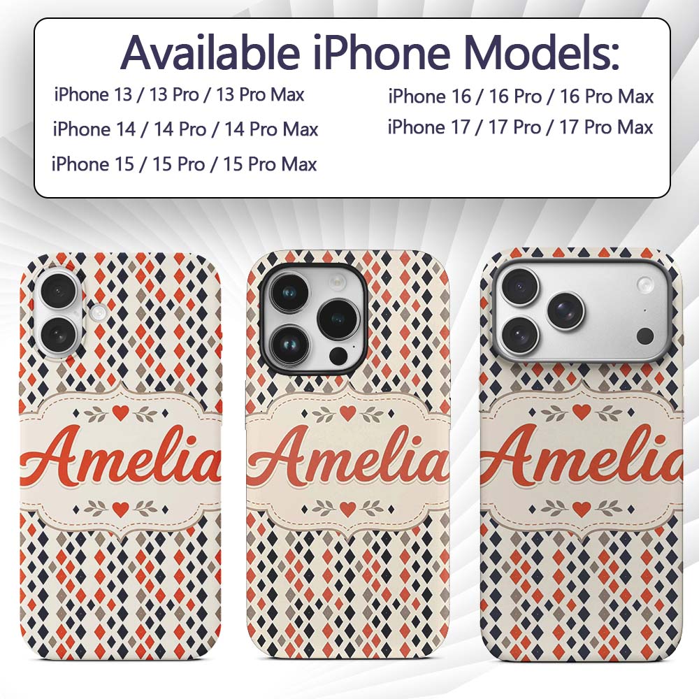 Diamond Geometric Seamless Pattern in Navy Orange Custom Name Protective Phone Case Mobile Cover Durable Everyday Smartphone Shock Resistant
