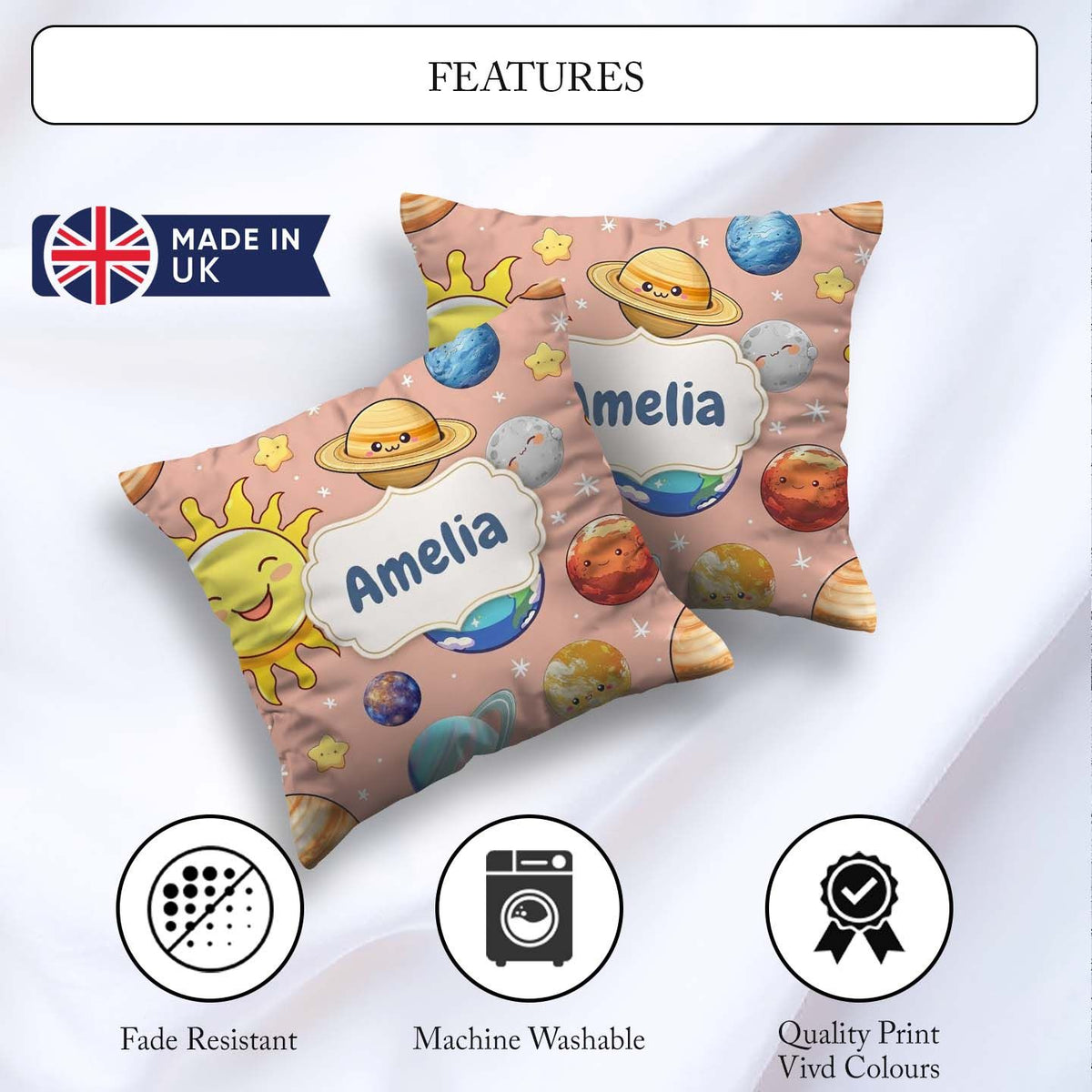 Custom Name Solar System Sun Earth Saturn Planets Stars Seamless Square Filled Cushion Throw Pillow Sofa Bed Home Decor Zip Washable UK Made
