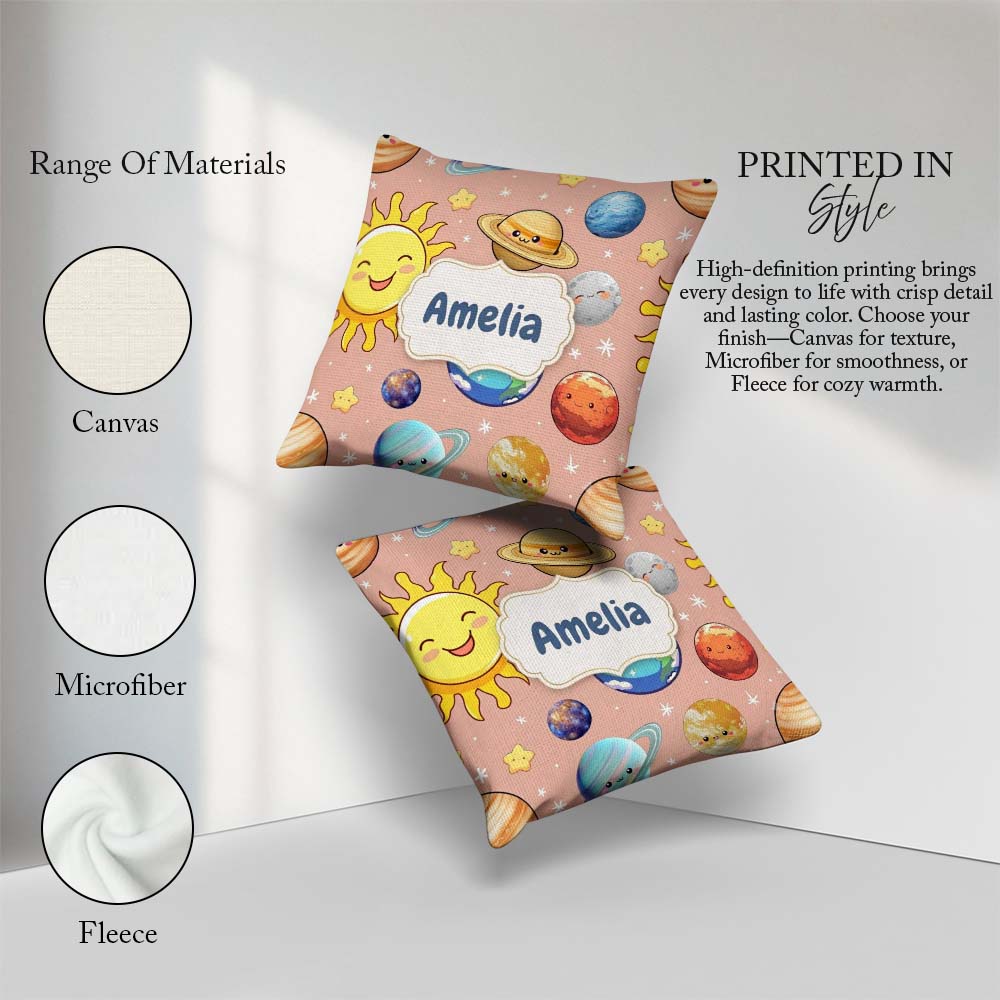 Custom Name Solar System Sun Earth Saturn Planets Stars Seamless Square Filled Cushion Throw Pillow Sofa Bed Home Decor Zip Washable UK Made