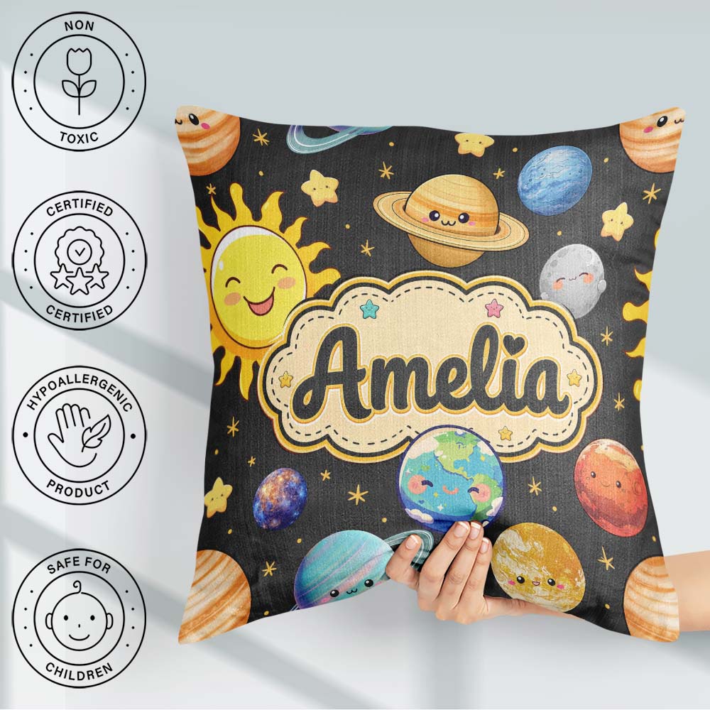 Custom Name Solar System Sun Earth Saturn Planets Stars Seamless Square Filled Cushion Throw Pillow Sofa Bed Home Decor Zip Washable UK Made