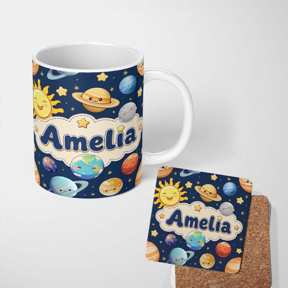 Personalized Custom Name Solar System Sun Earth Saturn Planets Stars Seamless Navy 11oz Ceramic Coffee Tea Mug White Large Handle