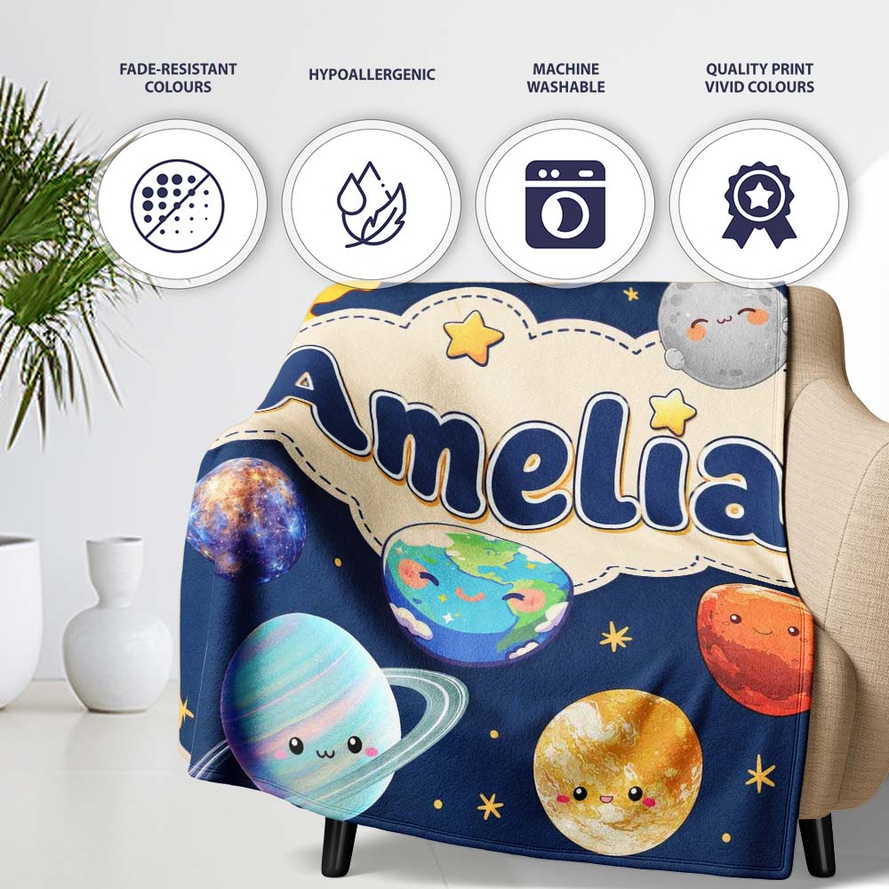 Solar System Sun Earth Saturn Planets Stars Seamless Navy Personalised Custom Name Super Soft Fleece Blanket Bed Sofa Throw
