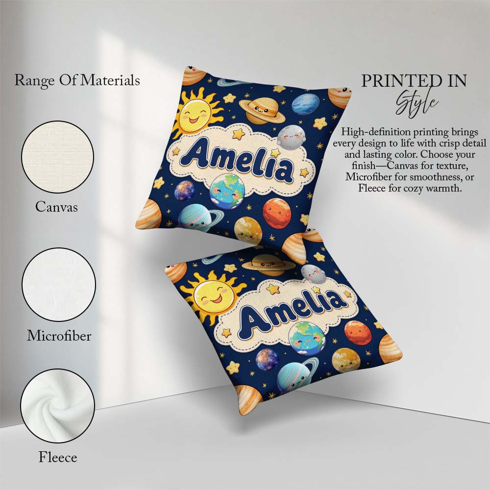 Custom Name Solar System Sun Earth Saturn Planets Stars Seamless Square Filled Cushion Throw Pillow Sofa Bed Home Decor Zip Washable UK Made