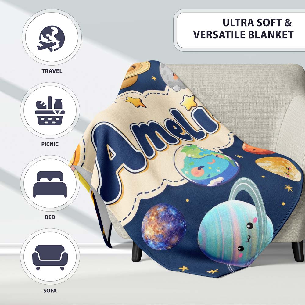 Solar System Sun Earth Saturn Planets Stars Seamless Navy Personalised Custom Name Super Soft Fleece Blanket Bed Sofa Throw