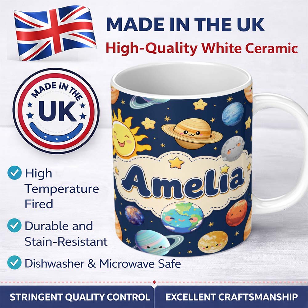 Personalized Custom Name Solar System Sun Earth Saturn Planets Stars Seamless Navy 11oz Ceramic Coffee Tea Mug White Large Handle