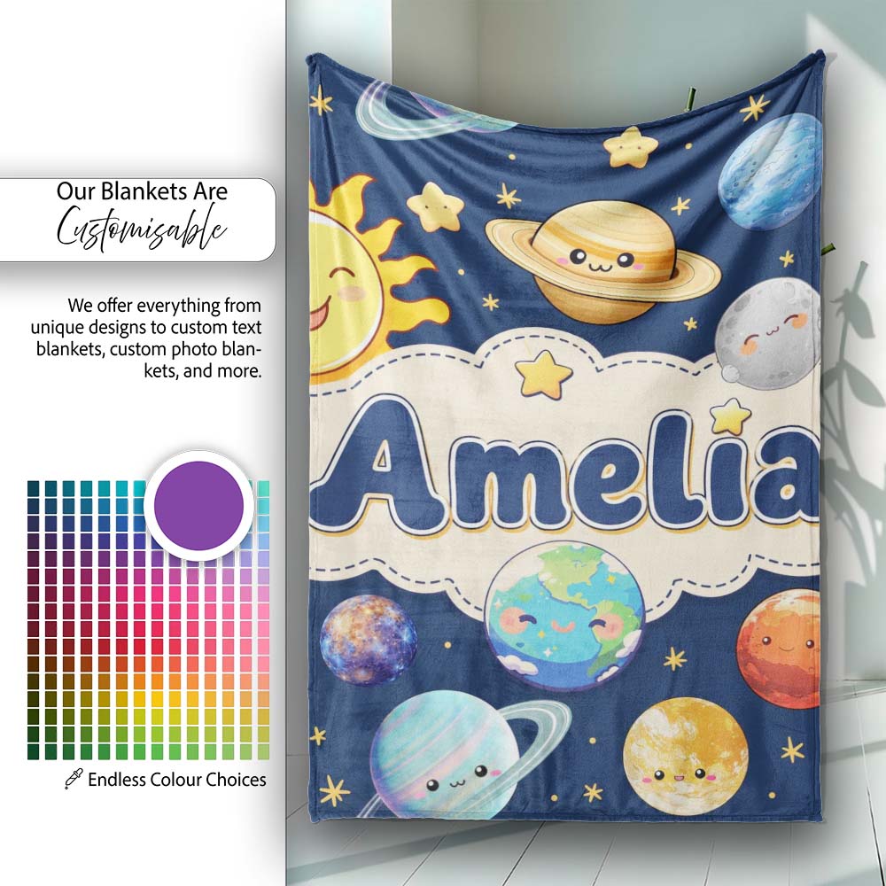 Solar System Sun Earth Saturn Planets Stars Seamless Navy Personalised Custom Name Super Soft Fleece Blanket Bed Sofa Throw