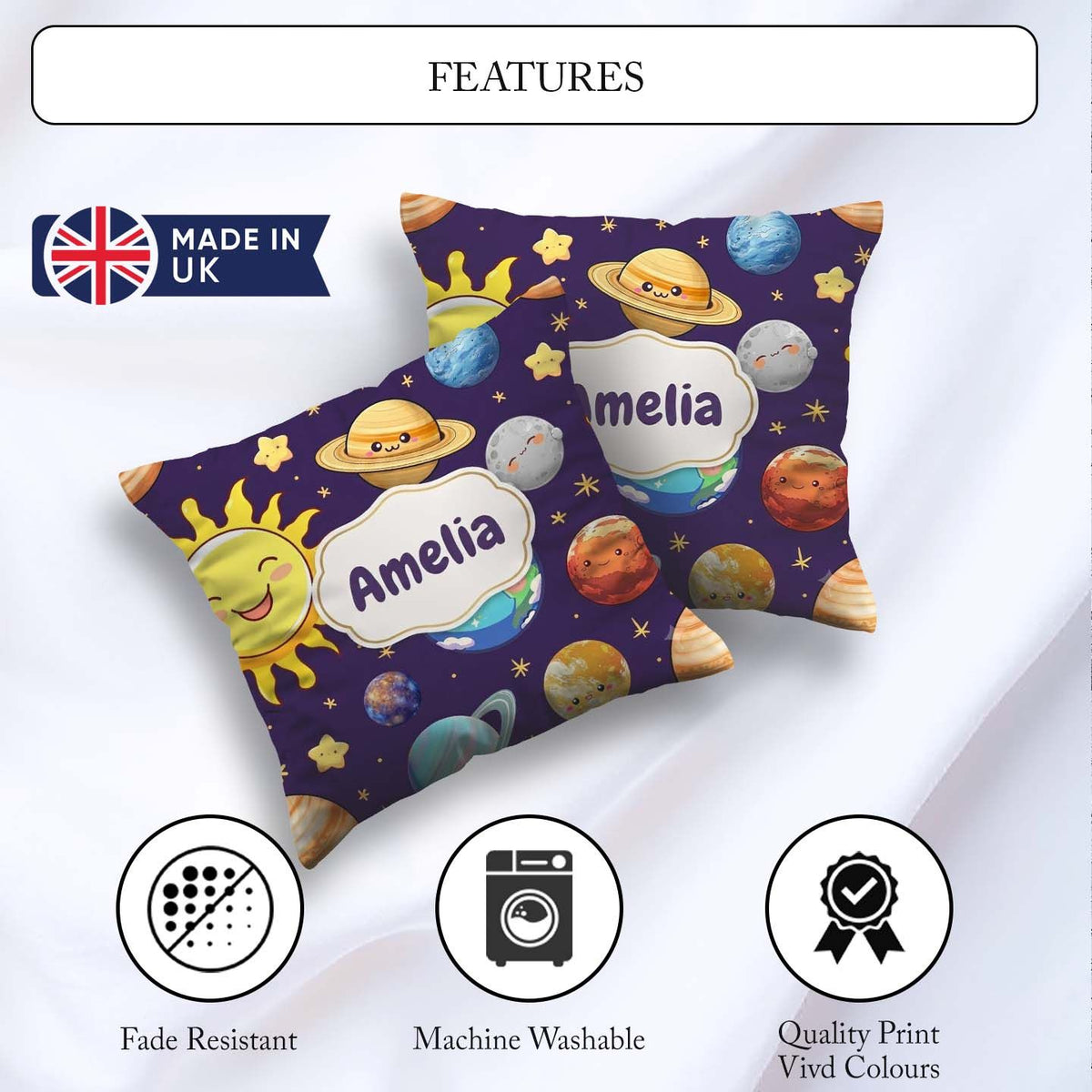 Custom Name Solar System Sun Earth Saturn Planets Stars Seamless Square Filled Cushion Throw Pillow Sofa Bed Home Decor Zip Washable UK Made