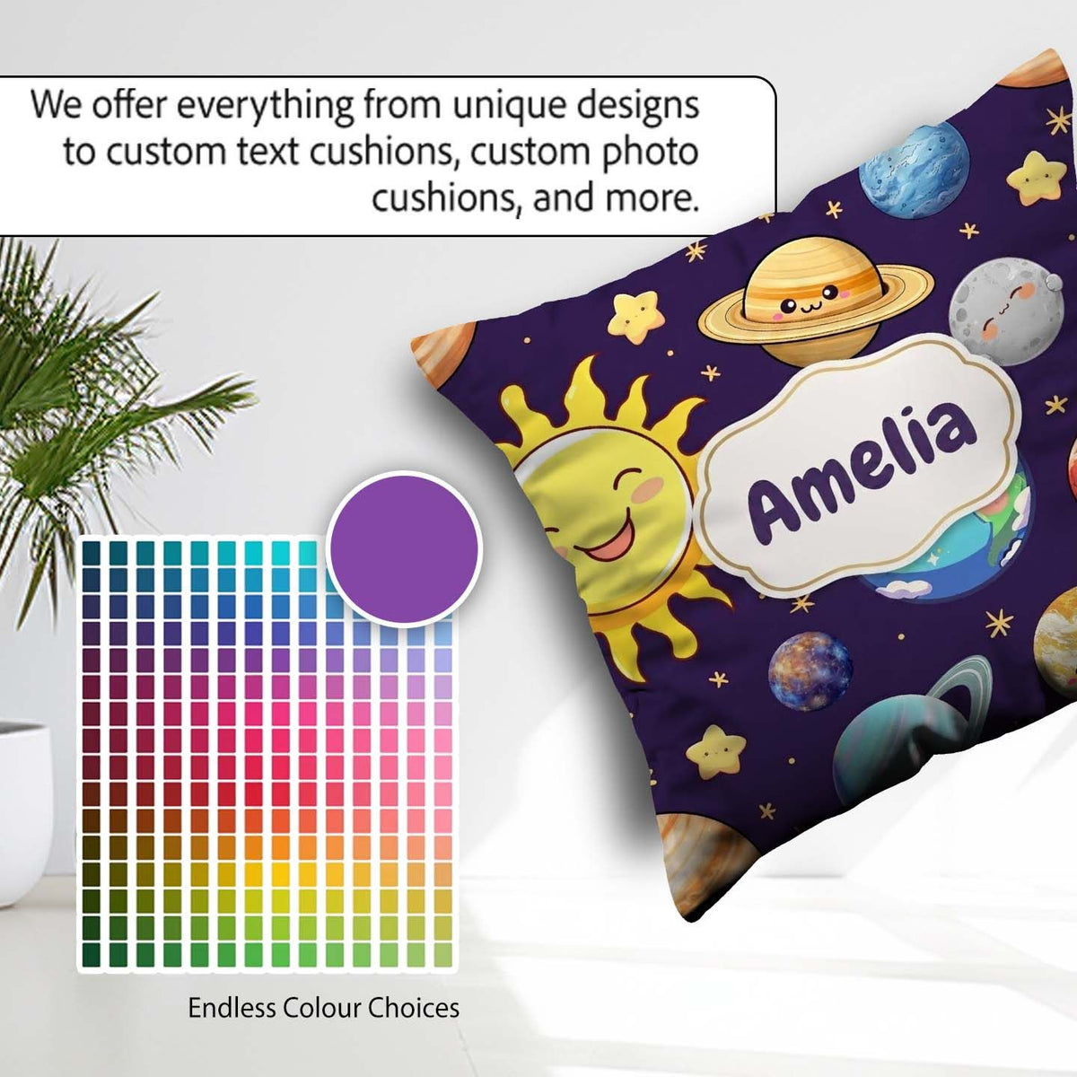Custom Name Solar System Sun Earth Saturn Planets Stars Seamless Square Filled Cushion Throw Pillow Sofa Bed Home Decor Zip Washable UK Made