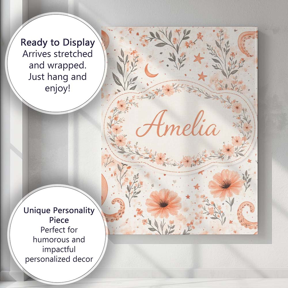 Personalised Name Cute Octopus Floral Seamless Pattern Charming Custom Statement Canvas Wall Art Print Decor Picture Ready to Hang