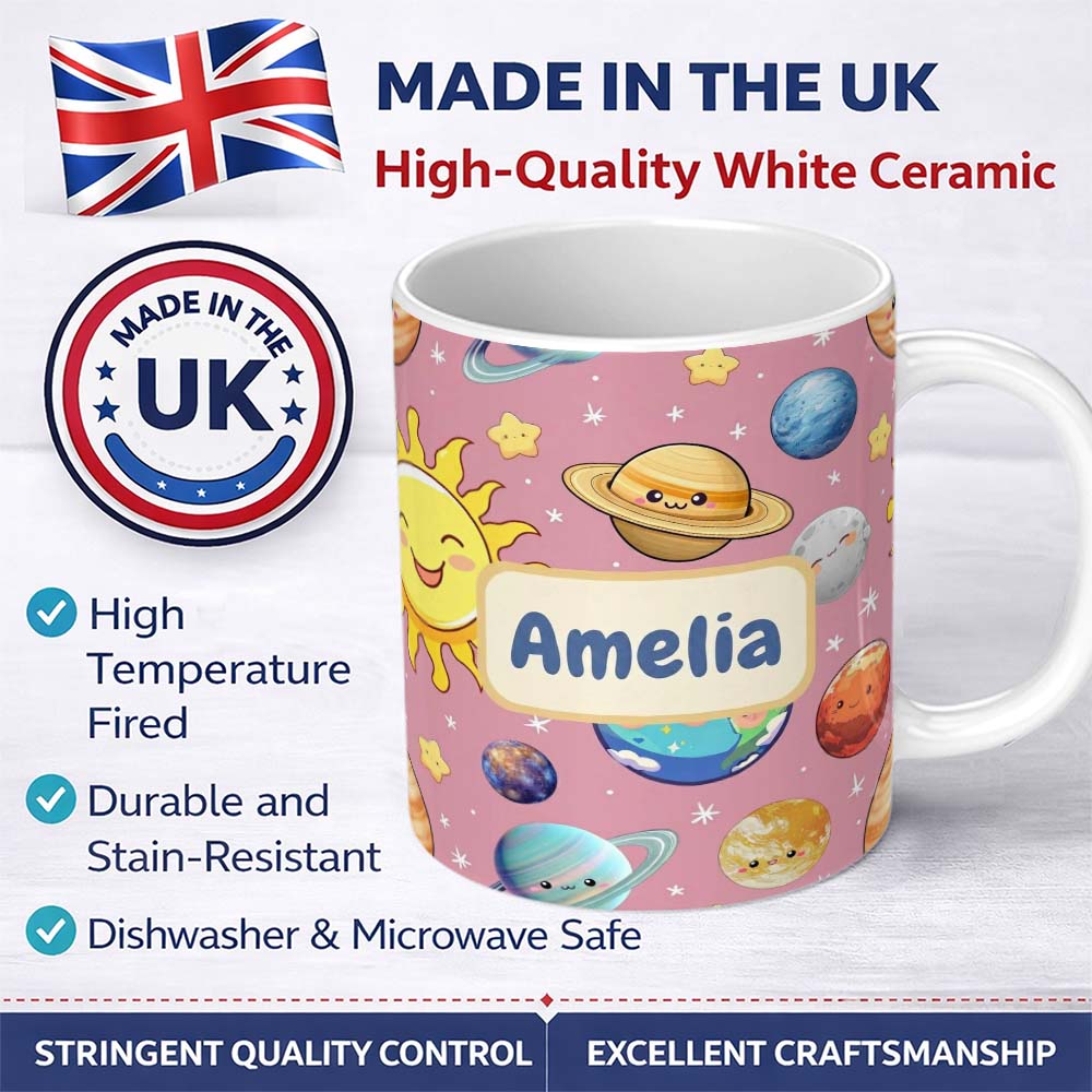 Personalized Custom Name Solar System Sun Earth Saturn Planets Stars Seamless Pink 11oz Ceramic Coffee Tea Mug White Large Handle