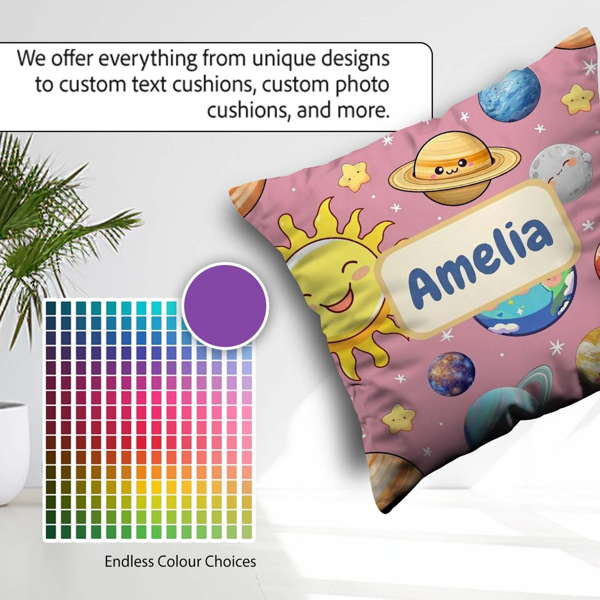 Custom Name Solar System Sun Earth Saturn Planets Stars Seamless Square Filled Cushion Throw Pillow Sofa Bed Home Decor Zip Washable UK Made