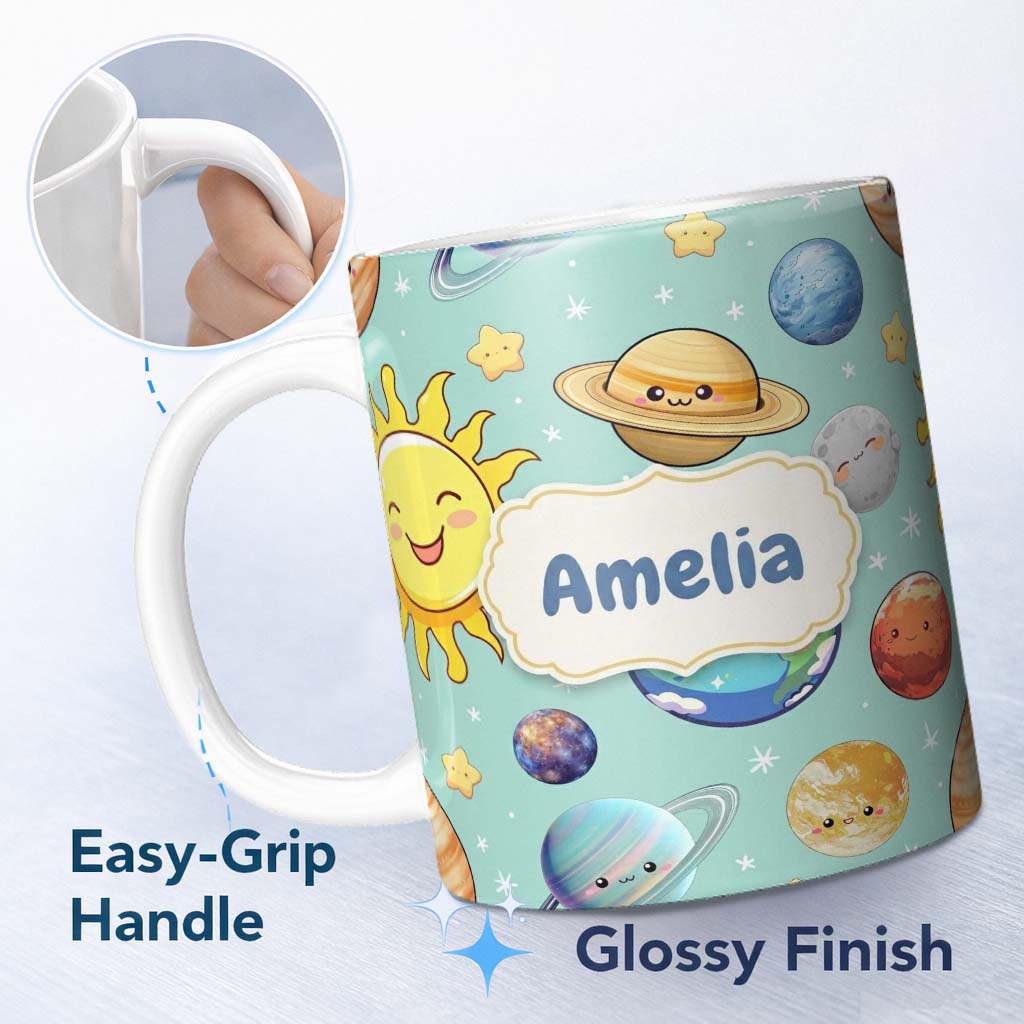 Personalized Custom Name Solar System Sun Earth Saturn Planets Stars Seamless Mint 11oz Ceramic Coffee Tea Mug White Large Handle