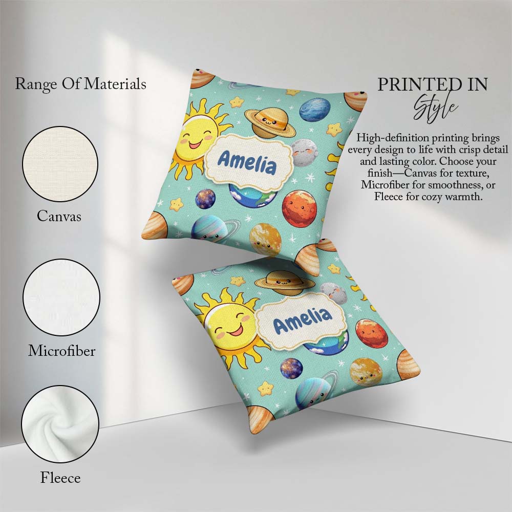 Custom Name Solar System Sun Earth Saturn Planets Stars Seamless Square Filled Cushion Throw Pillow Sofa Bed Home Decor Zip Washable UK Made