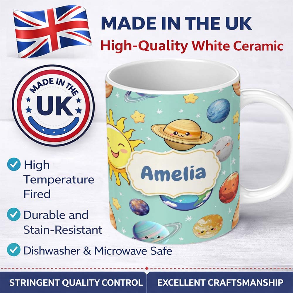 Personalized Custom Name Solar System Sun Earth Saturn Planets Stars Seamless Mint 11oz Ceramic Coffee Tea Mug White Large Handle