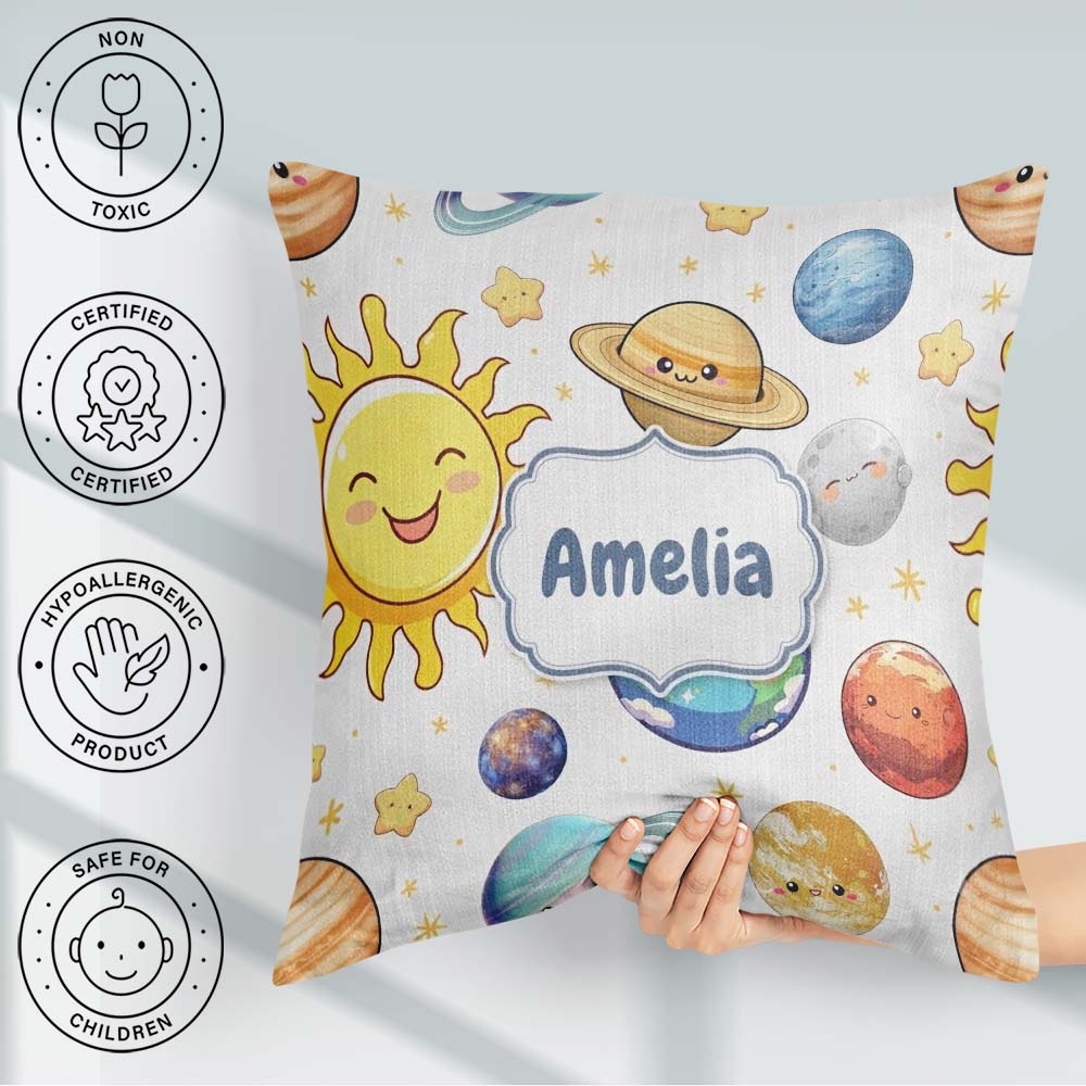 Custom Name Solar System Sun Earth Saturn Planets Stars Seamless Square Filled Cushion Throw Pillow Sofa Bed Home Decor Zip Washable UK Made