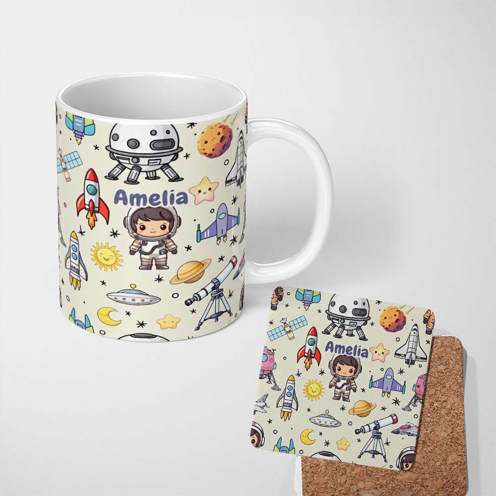 Personalized Custom Name Space Astronaut Rockets UFO Telescope Stars Seamless Cream 11oz Ceramic Coffee Tea Mug White Large Handle