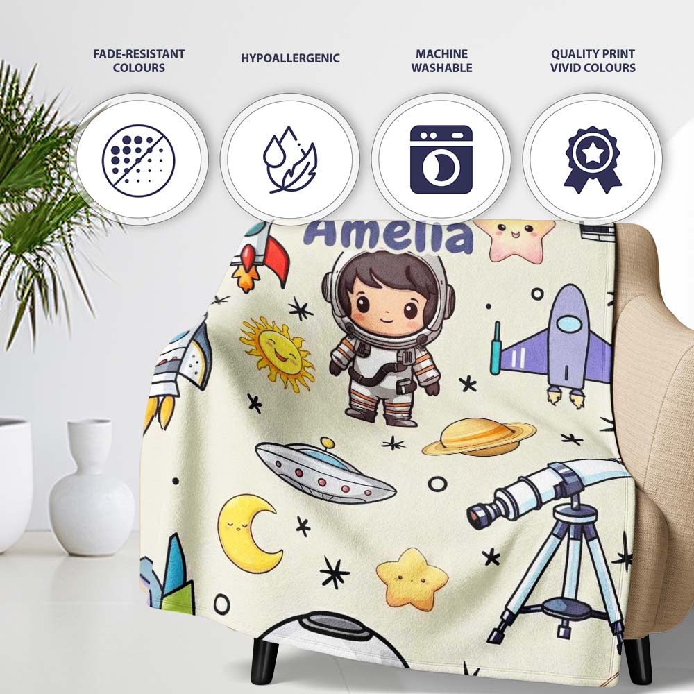 Space Astronaut Rockets UFO Telescope Stars Seamless Cream Personalised Custom Name Super Soft Fleece Blanket Bed Sofa Throw