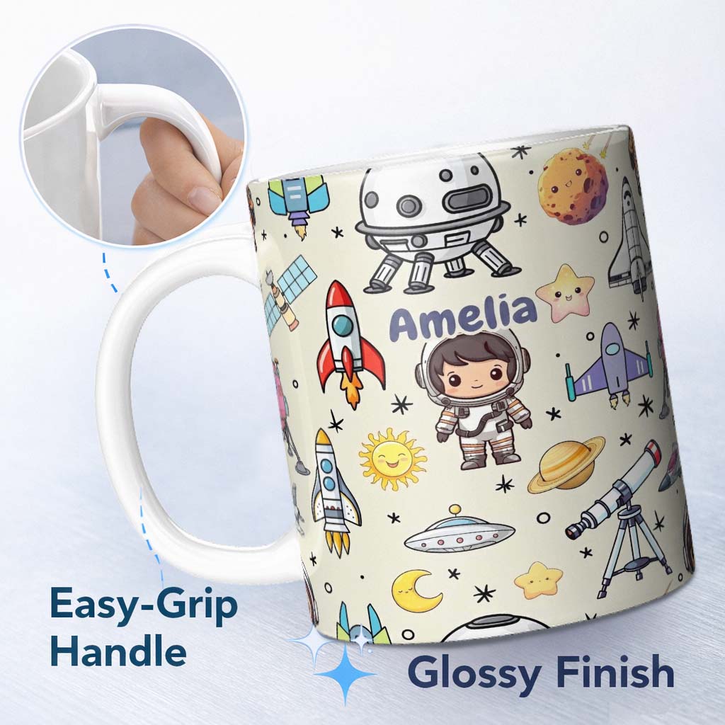 Personalized Custom Name Space Astronaut Rockets UFO Telescope Stars Seamless Cream 11oz Ceramic Coffee Tea Mug White Large Handle