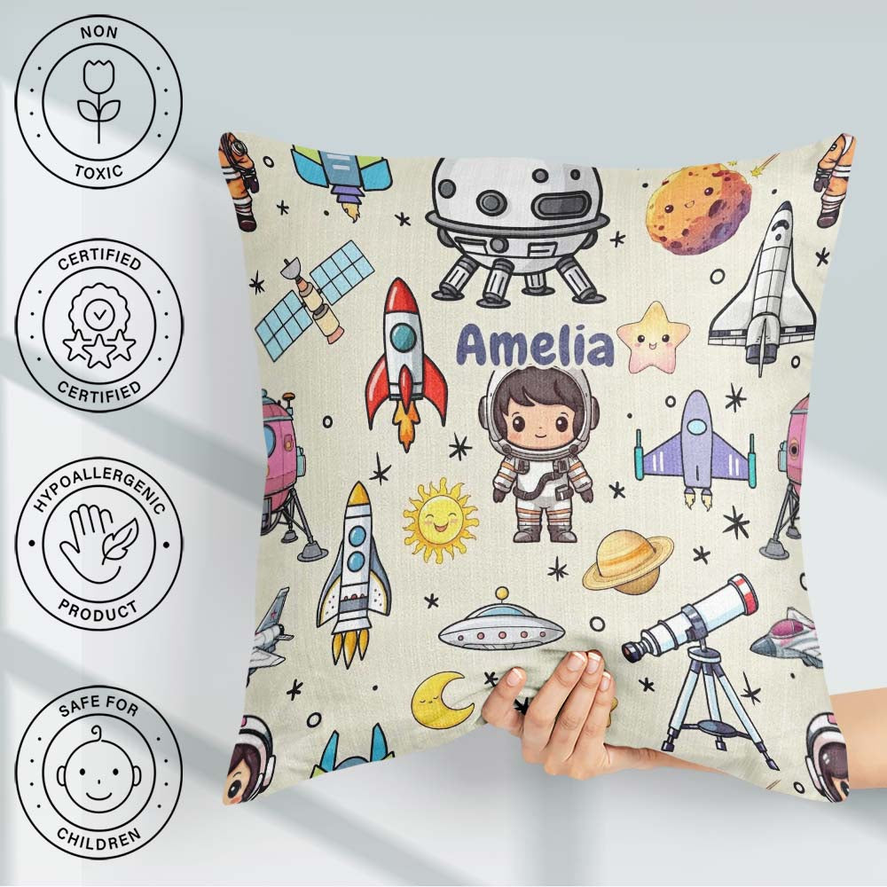 Custom Name Space Astronaut Rockets UFO Telescope Stars Seamless Square Filled Cushion Throw Pillow Sofa Bed Home Decor Zip Washable UK Made