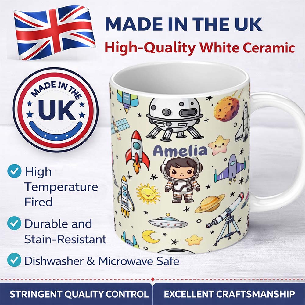 Personalized Custom Name Space Astronaut Rockets UFO Telescope Stars Seamless Cream 11oz Ceramic Coffee Tea Mug White Large Handle