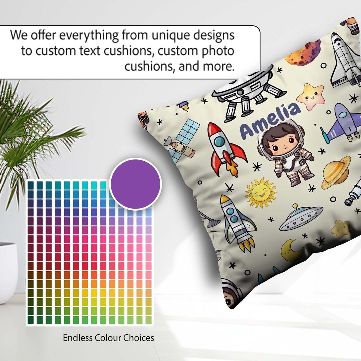 Custom Name Space Astronaut Rockets UFO Telescope Stars Seamless Square Filled Cushion Throw Pillow Sofa Bed Home Decor Zip Washable UK Made