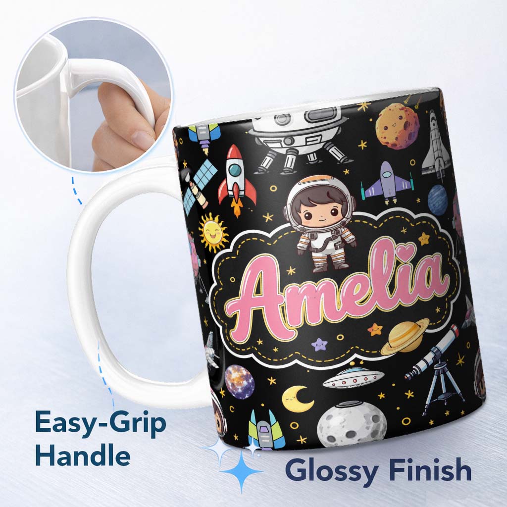 Personalized Custom Name Space Astronaut Rockets UFO Telescope Stars Seamless Black 11oz Ceramic Coffee Tea Mug White Large Handle