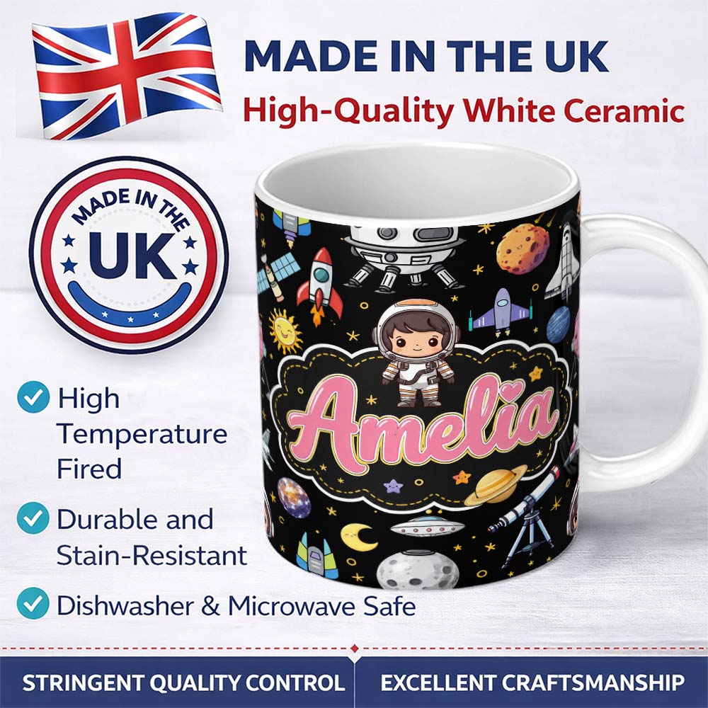 Personalized Custom Name Space Astronaut Rockets UFO Telescope Stars Seamless Black 11oz Ceramic Coffee Tea Mug White Large Handle