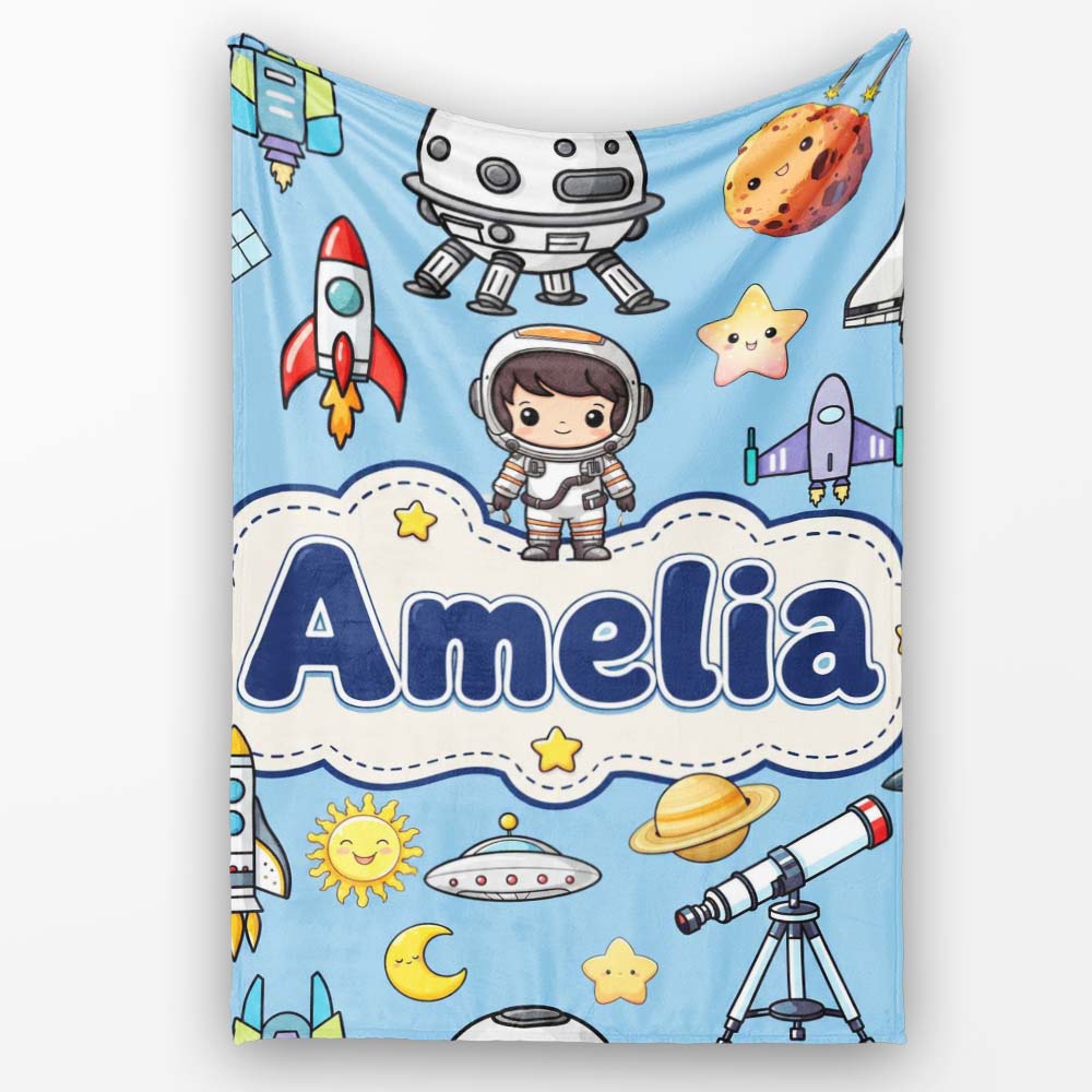 Space Astronaut Rockets UFO Telescope Stars Seamless Blue Personalised Custom Name Super Soft Fleece Blanket Bed Sofa Throw