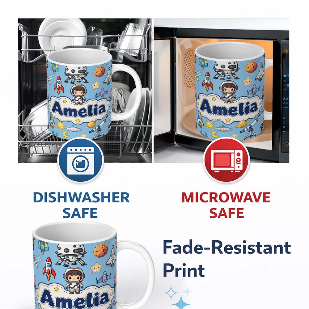 Personalized Custom Name Space Astronaut Rockets UFO Telescope Stars Seamless Blue 11oz Ceramic Coffee Tea Mug White Large Handle